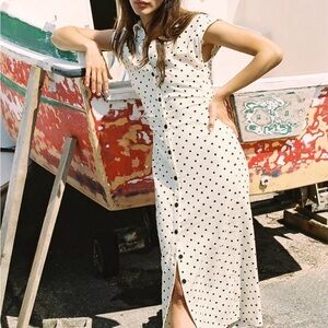 LINEN BLEND POLKA DOT MIDI DRESS